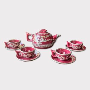 Yixing Ceramic Tea Set Pewter Cranes Overlay Chinese Oriental Teacups Saucers